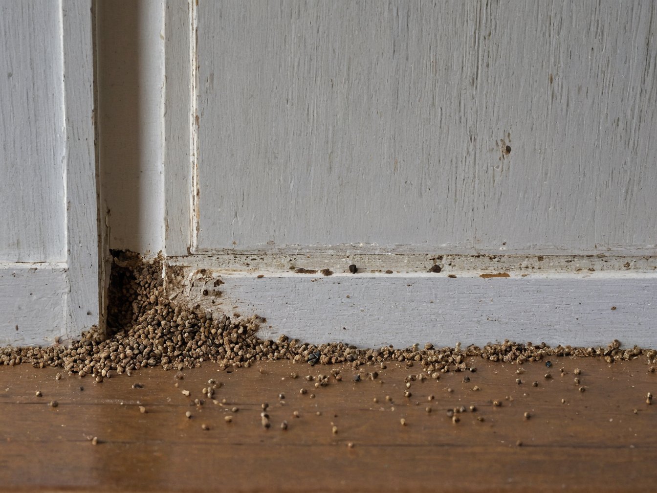 Drywood termite frass and soft, crumbling wood beams showing pest damage