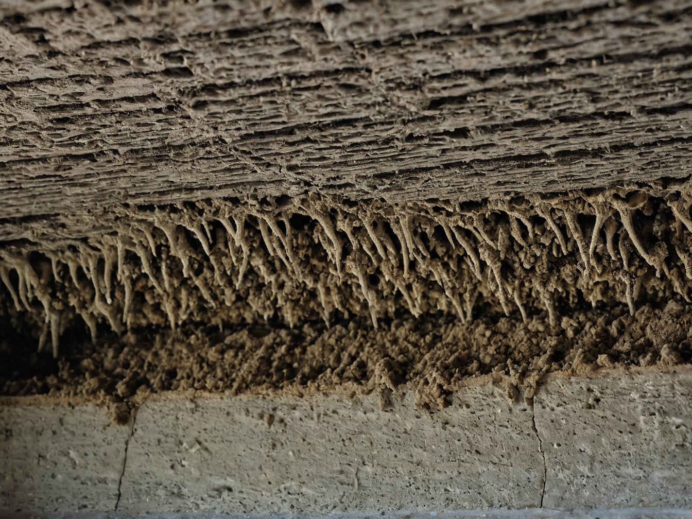 Termite damage inside a wall, wood hollowed out by termites in a Los Angeles home